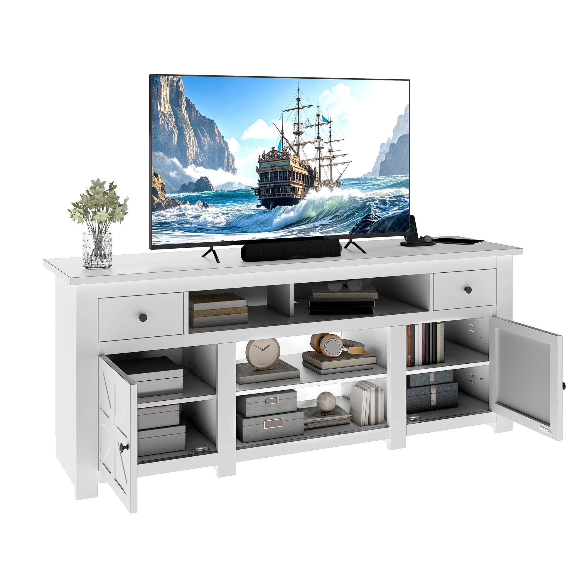 Uforic 70 Inch TV Stand for 75/80 Inch TV with 2 Drawers, 4 Open Compartments & Built-In Power Outlet, Floor Mount Wooden TV Console, White
