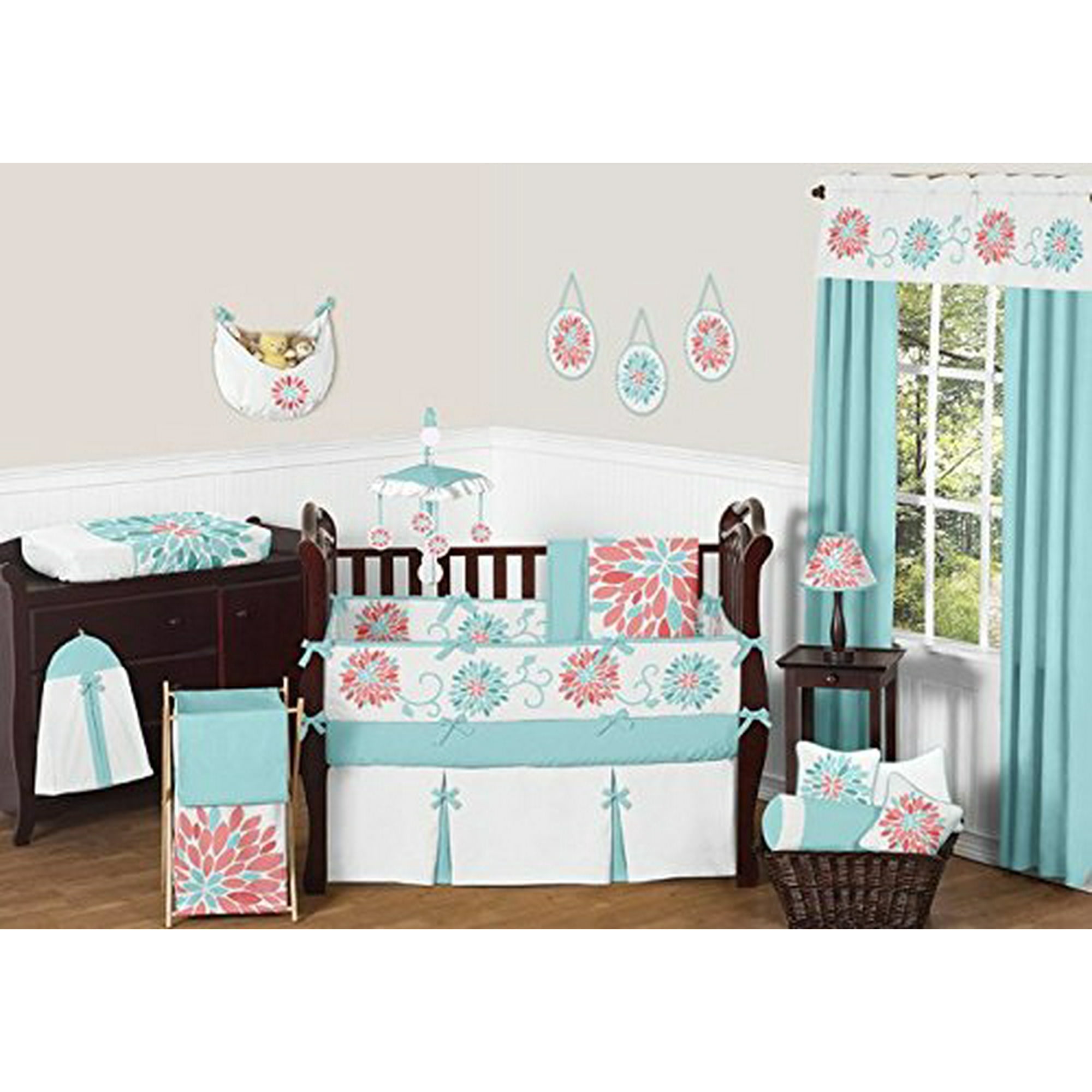 Sweet Jojo Designs Unique Turquoise Blue And Coral Emma Baby Girls 9 Piece Floral Modern Crib Bedding Set Walmart Canada
