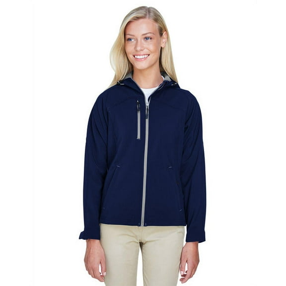 North End 78166 Women's Prospect Two-Layer Fleece Bonded Soft Shell Hooded Jacket-Classic Navy-XL