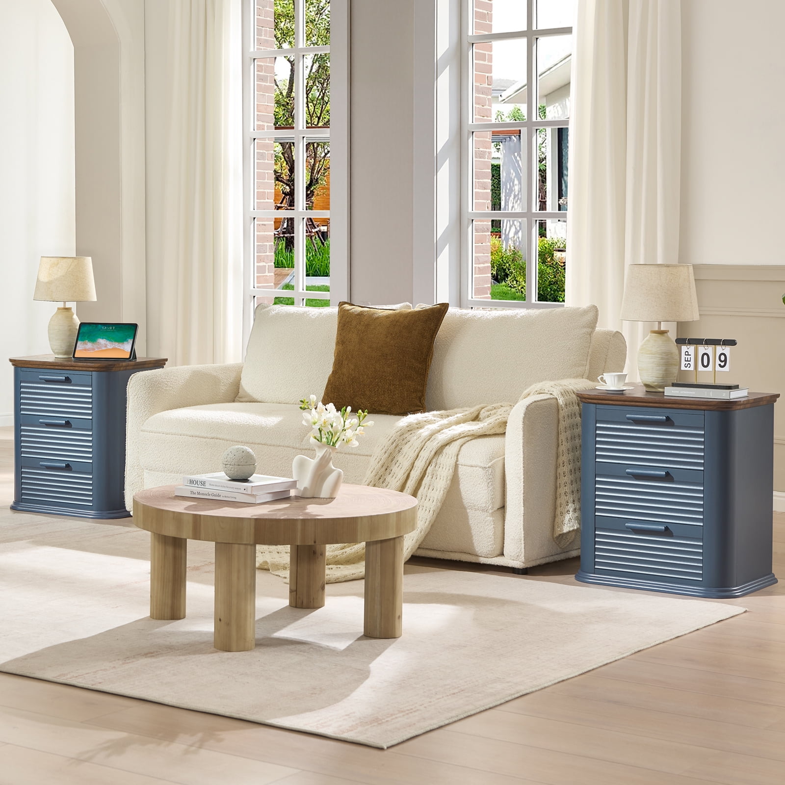 Hommoo 22" Wide Fluted Nightstand with Charging Station, Modern End Table Bedside Tables, 3 Drawer Dresser for Living Room, Bedroom, Home Office, Navy Blue