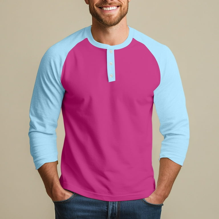 Mens 3/4 Sleeve Henley T Shirts,Fall Shirt Crew Neck Solid Tees
