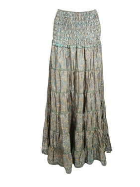 Mogul Women Floral Printed 2 in 1 Recycled Sari Beach Maxi Skirts Bohemian Summer Tube Dress S/M