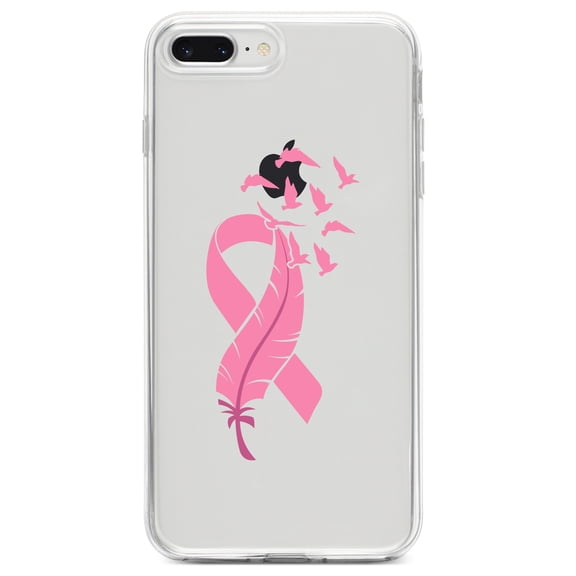 DistinctInk Clear Shockproof Hybrid Case for iPhone 7 PLUS / 8 PLUS (5.5" Screen) TPU Bumper Acrylic Back Tempered Glass Screen Protector - Pink Ribbon Cancer - Feather Birds