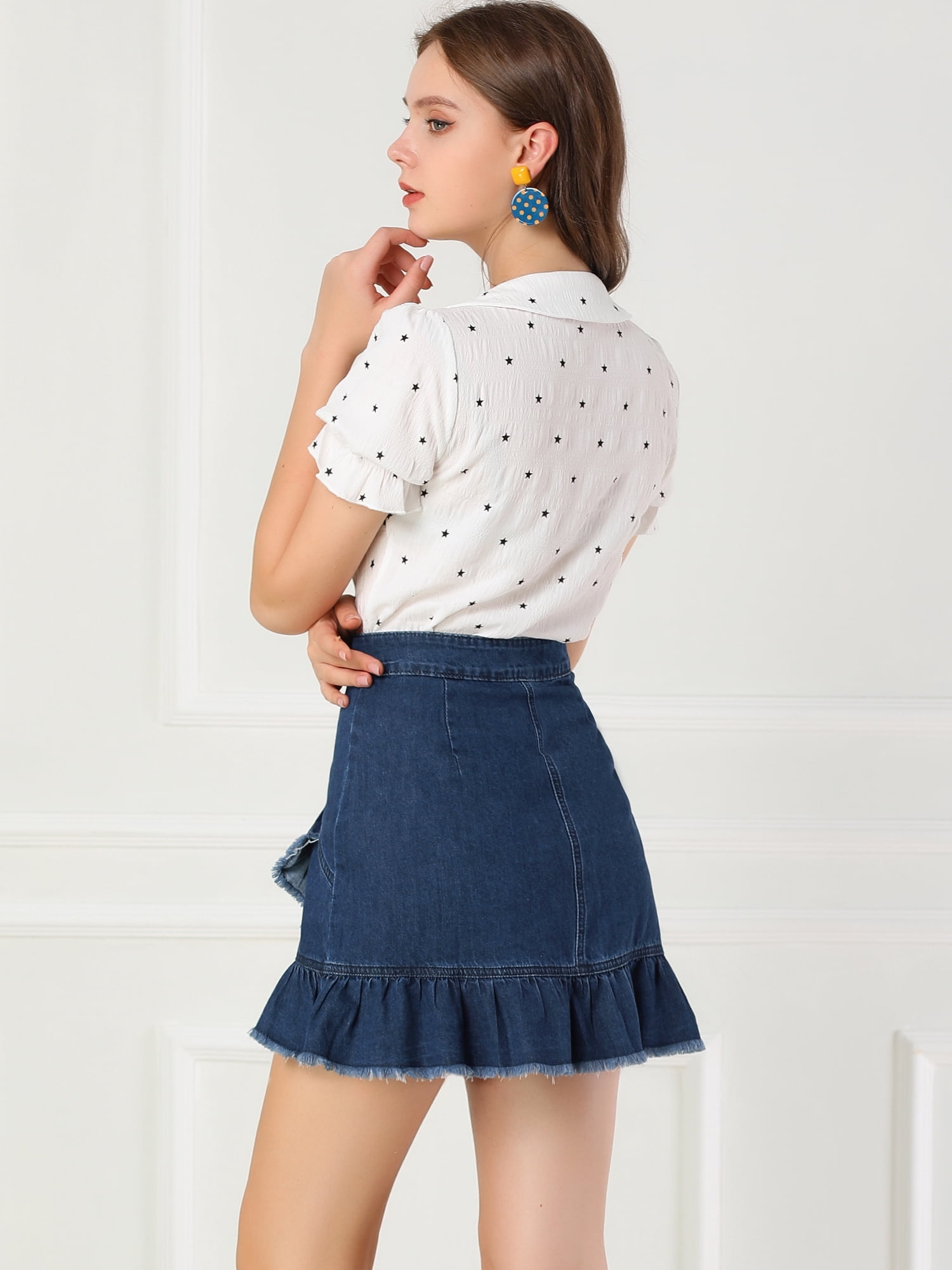 DARING DIVA Women's Ruffle Hem Button Mini Denim Jeans Skirt M Blue