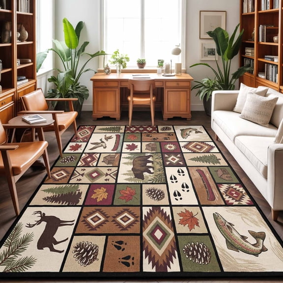Area Rugs 2.7'x5', Country Patch Plaid Carpet Runner Indoor Outdoor Rugs Home Decor Aesthetic, Brown Farmhouse Retro Bear Deer Cabin Non Slip Mats Washable Accent Rug for Living Room Bedroom