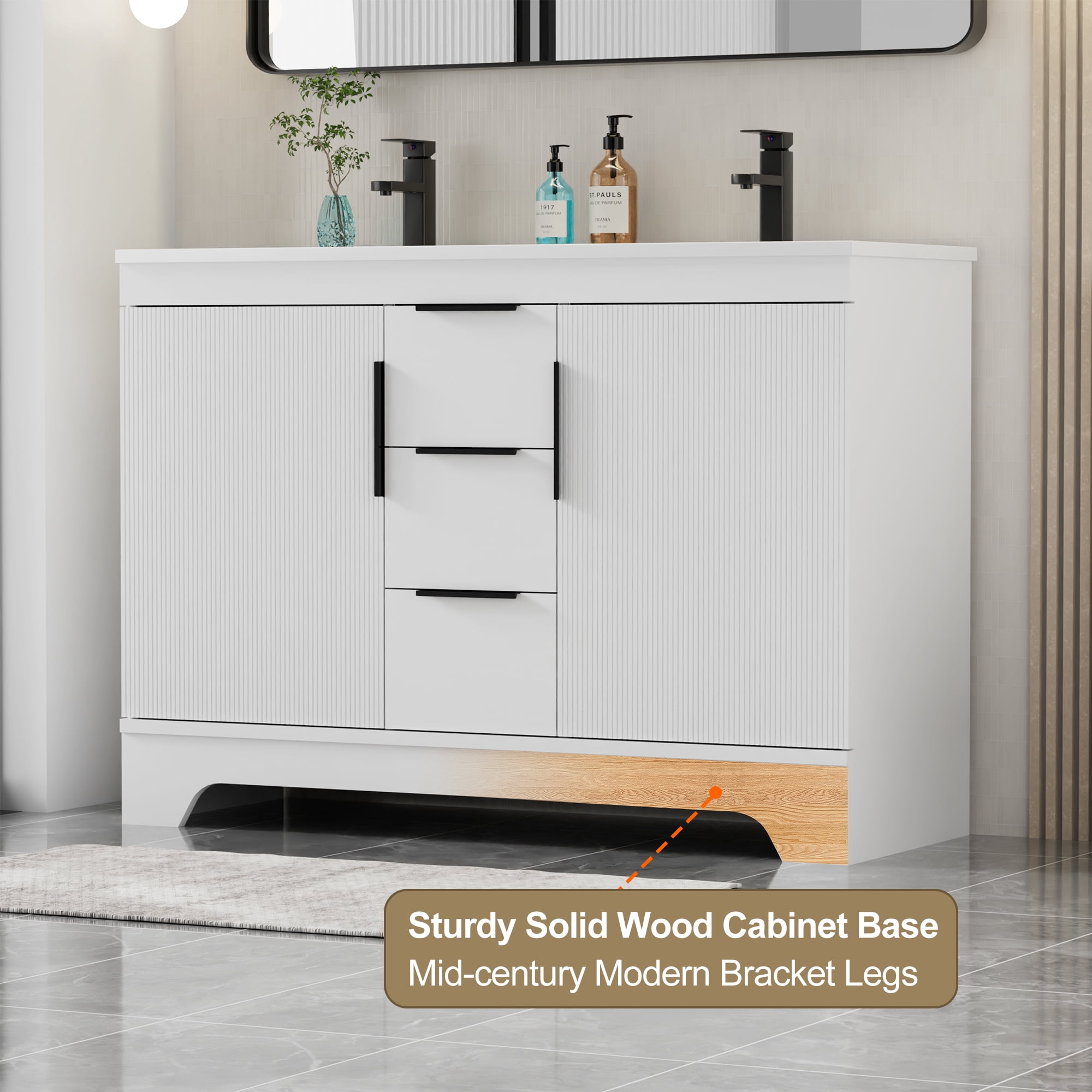 Eclife 48-inch Double Sink Bathroom Vanity with Integrated Tops, Soft-Close Hinges, Fluted Door Design, Mid-Century Modern