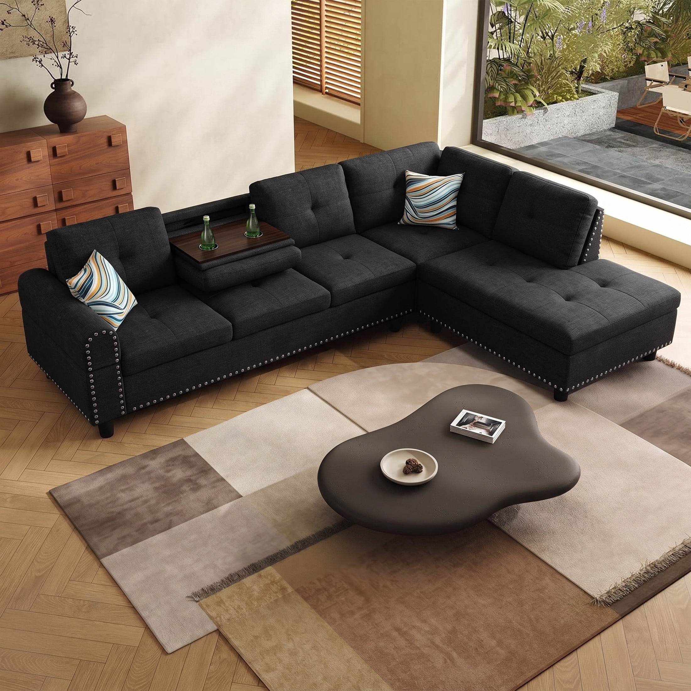 AENKYO 98" L-Shaped Sectional Sofa with Reversible Chaise and Cup Holders, Linen, Black Gray