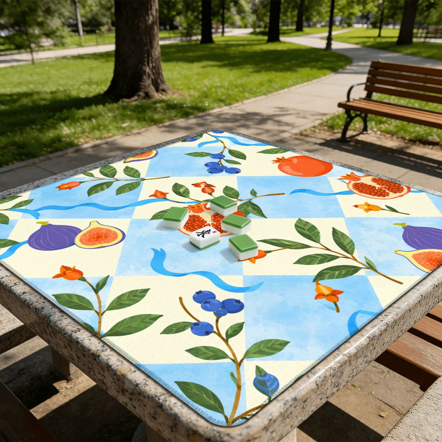 Mahjong Mat 31.5" x 31.5" Citrus Fruit Oranges Lemons Green Leaves Watercolor Blue Diamonds Non-Slip Noise Reduction American Mahjong Tiles Table Cover for Dominoes Poker Card Board Games Gift