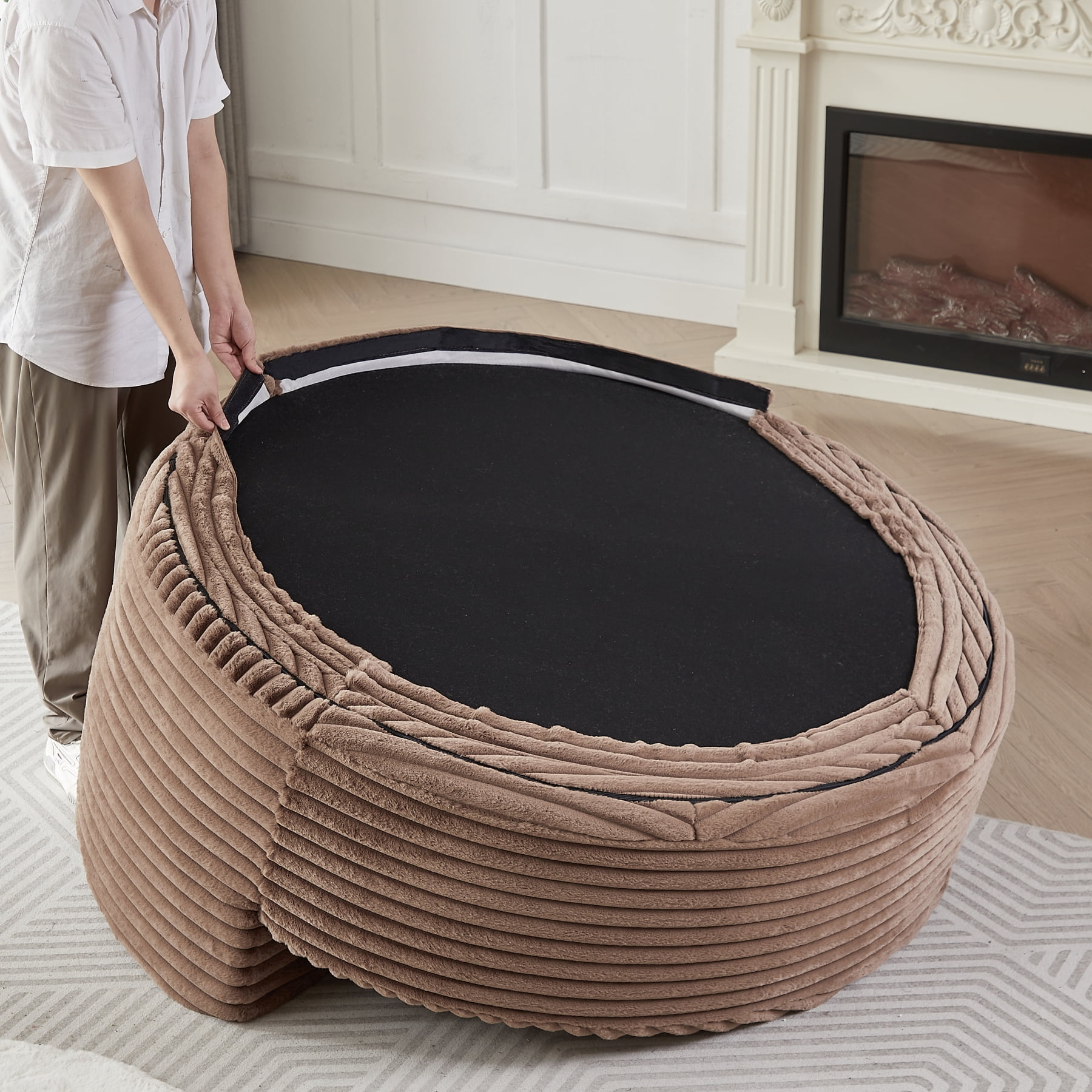 Leumius 55'' Oversized Round Chaise Longue Chair,Upholstered Corduroy Single Cloud Circle Sofa Chair with Deep Seat,Fluffy Modern Sleeper Sofa Bed for Reading,Living Room,Bedroom,
