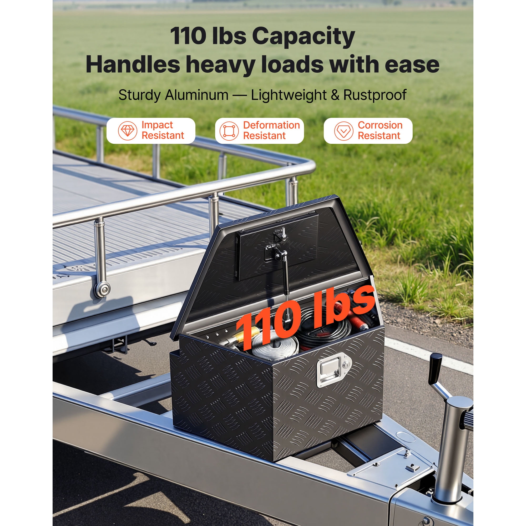 KFFKFF Aluminum Trailer Tongue Tool Box, 26" x 13" x 12" Storage Organizer with Lock and Keys, Durable Utility Chest for Truck Beds, RVs, SUVs, and Off-Road Vehicles, Black