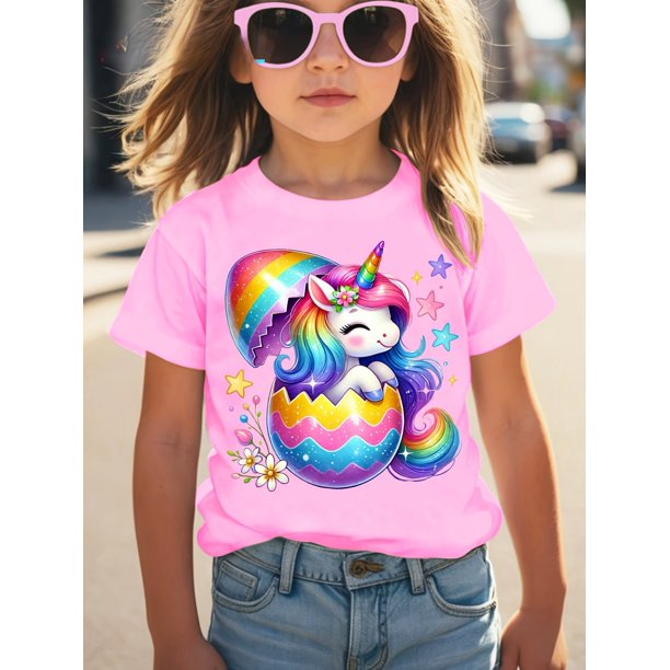 Camiseta informal de cuello redondo con estampado de unicornio arcoíris y escotilla de Pascua para niña, cómoda camiseta de manga corta con cuello redondo, perfecta para uso informal de verano, ideal