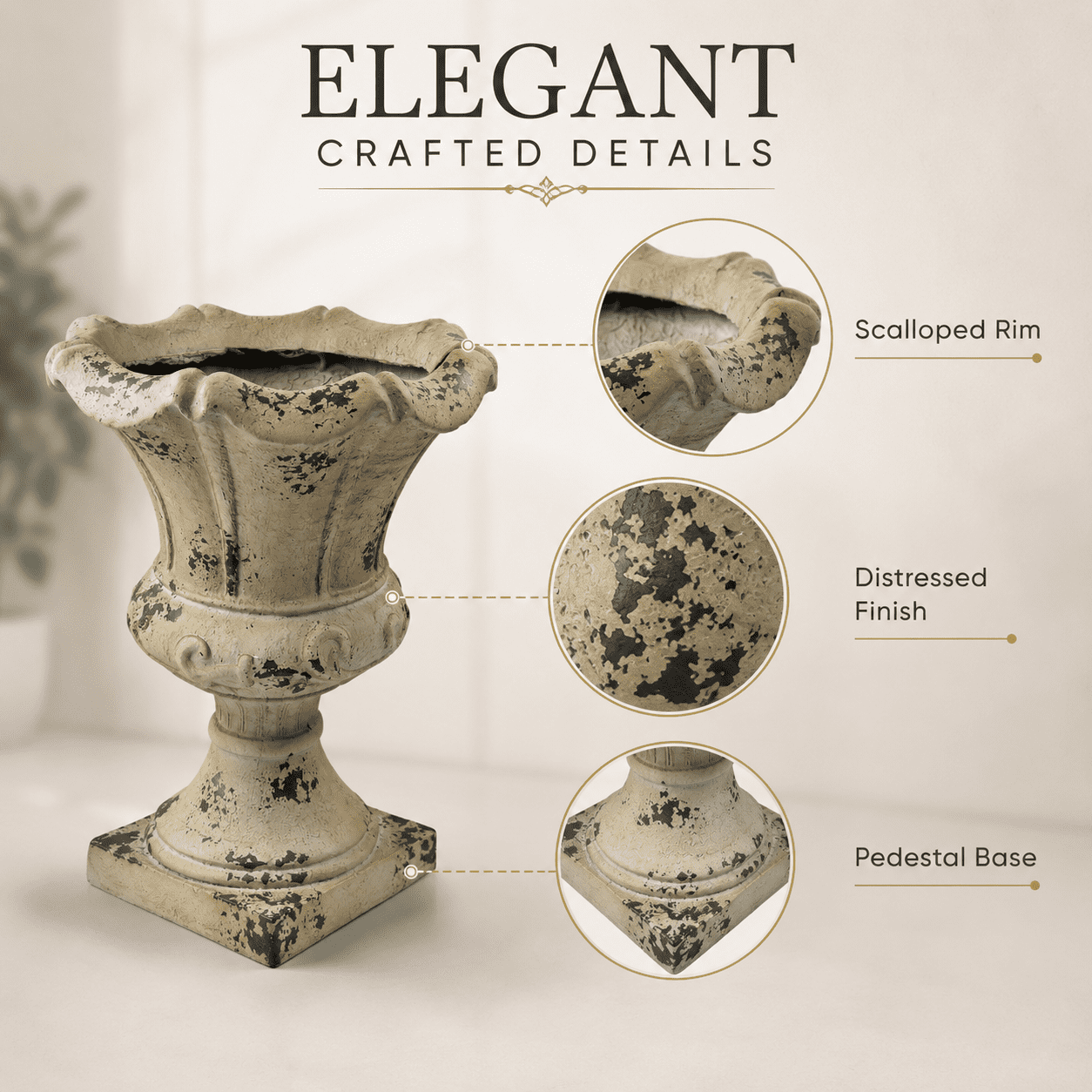 Aukfa Large MGO Garden Urn Planter, Outdoor Tall Decorative Stone-Look Flower Pot with Drainage Hole & Weather-Resistant, White