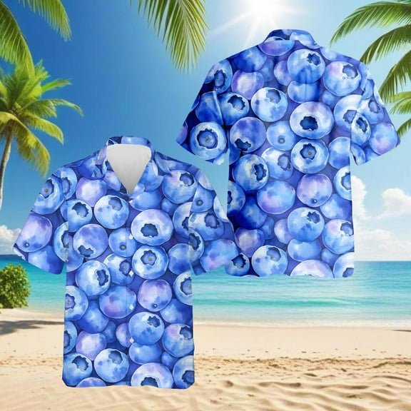 Blueberry Pattern Hawaiian Shirt for Men, Fresh Summer Fruit Lover Gifts, Button Down Summer Beach Short Sleeve, S-5XL
