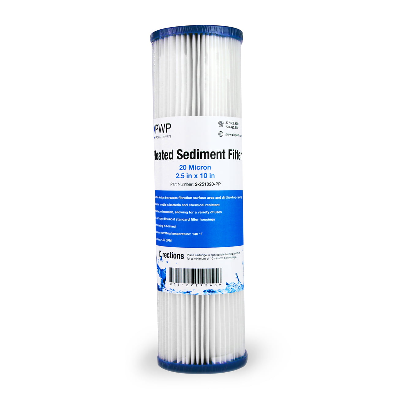 GreenStory Pleated Sediment Water Filter Cartridge 4-Pack 2-1/2Dia x 10L 5 Micron 5 gpm Polypropylene Media GSGWFSEES531-4