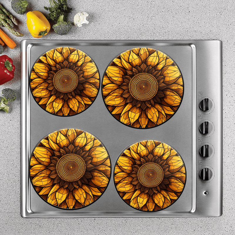 BaHomeck Electric Stove Burner Covers Set of 4,Round Metal Gas Stove Burner Covers 8 Inch and 10 Inch,Kitchen Decor,Sunflower In The Style Of Stained Glass