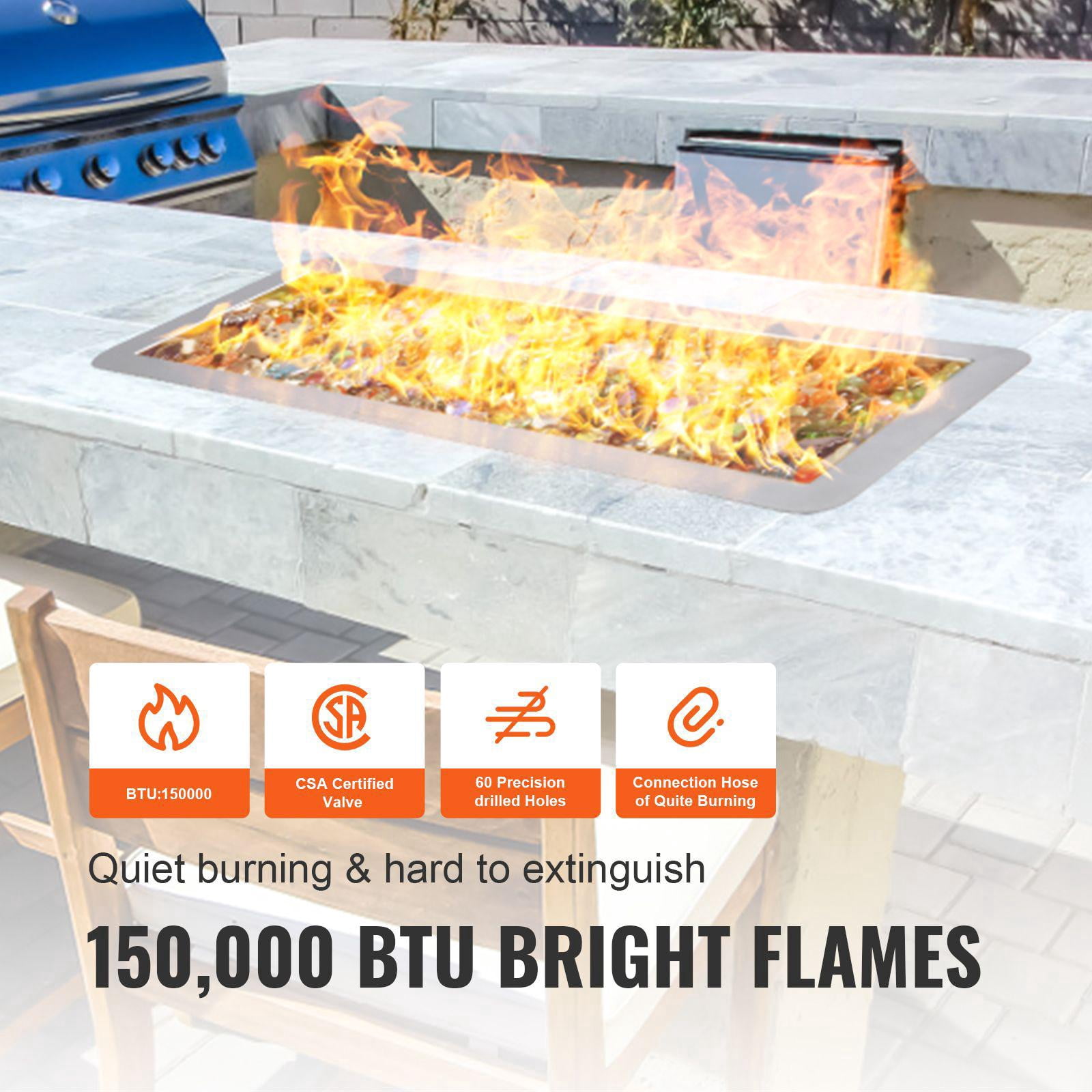 36x12 Inch Stainless Steel Drop in Fire Pit Pan Rectangular H Burner Kit 150000 BTU Natural Propane Gas for Indoor Outdoor Use