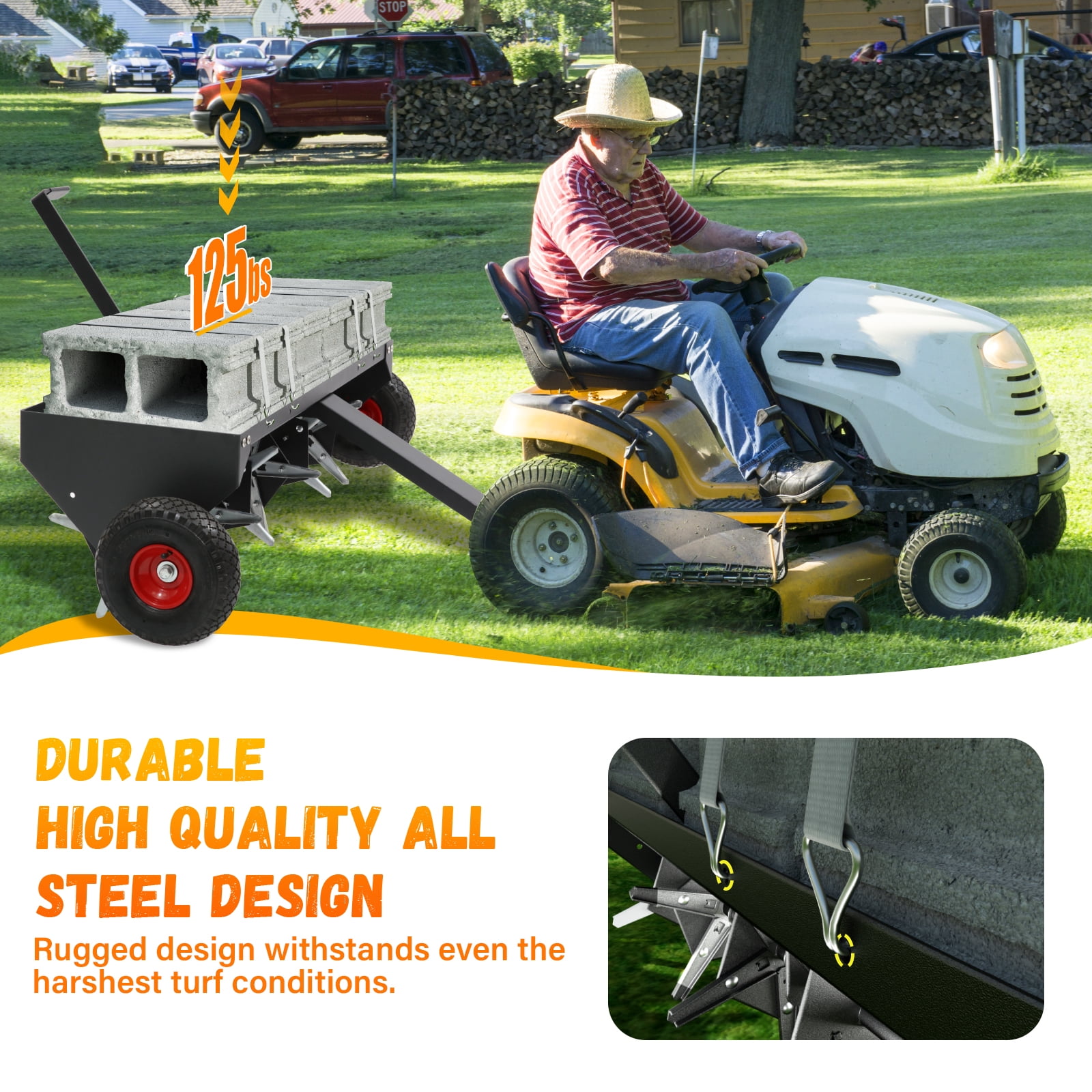 48-Inch Tow Behind Lawn Plug Aerator with Universal Hitch, 30 Galvanized Steel Tines, Weight Tray & Inflatable Wheels for Gardens, Lawns, Farms