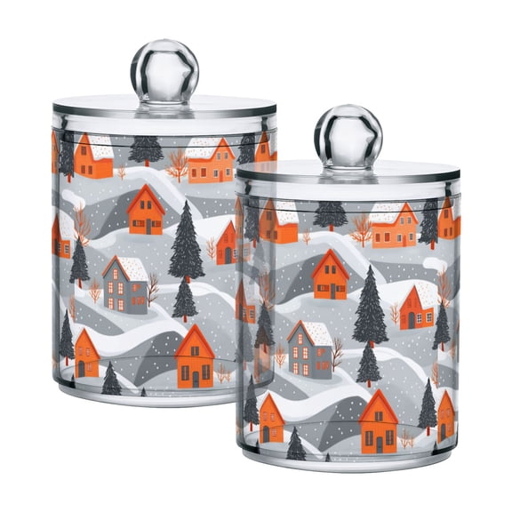 Yayeee 2 Pack Qtip Holder Bathroom Cotton Swab Canister with Lid Clear Dispenser Set, Gray Snow Houses