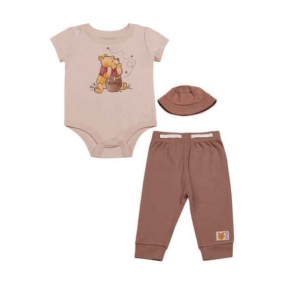 Disney Clothes Baby Boys 3-Piece Pant Set with Hat – Winnie the Pooh Bodysuit, Pants & Hat Set (Brown) 0/3M