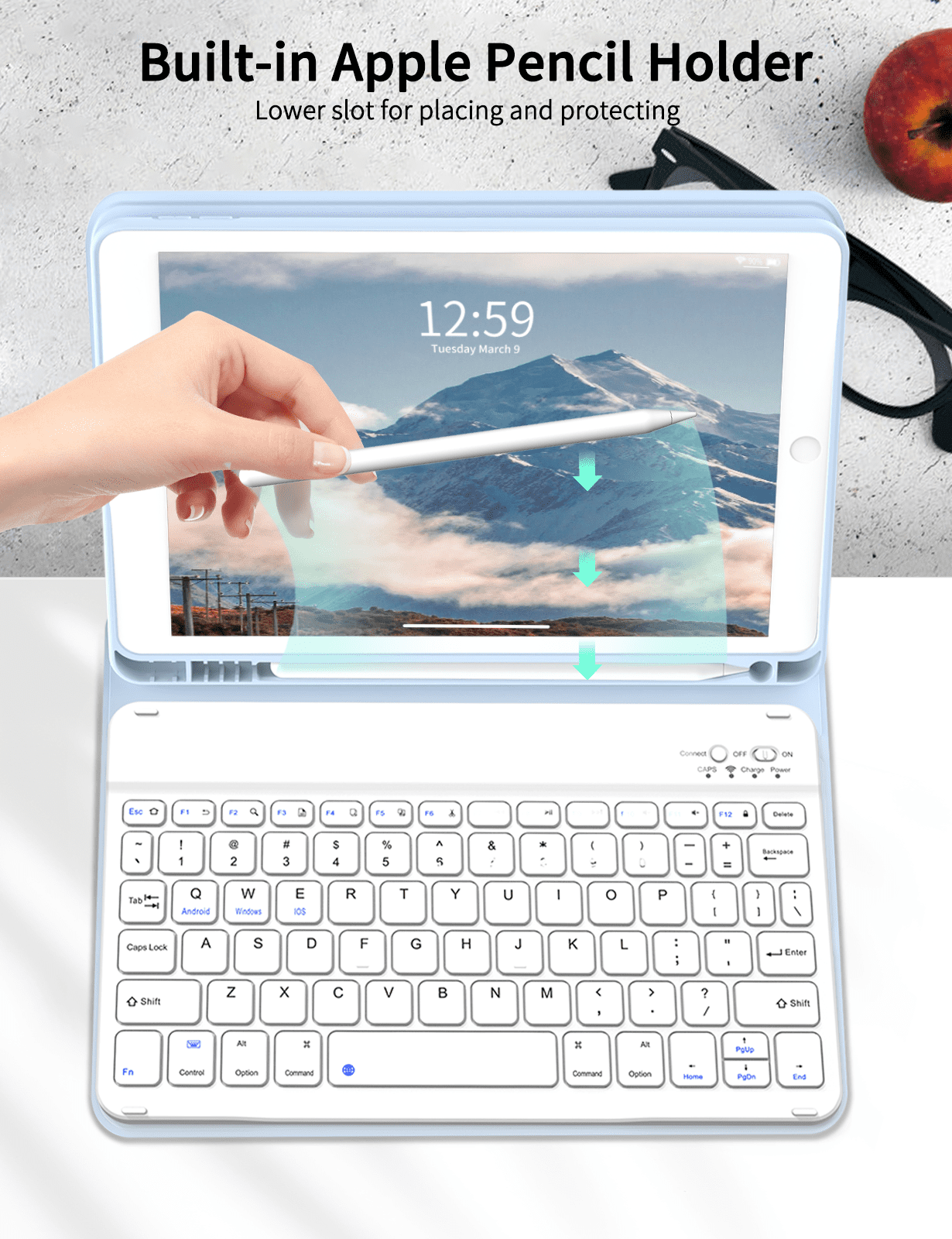 Aoub Keyboard Case for iPad 6th / 5th Generation 2018/2017 9.7 Inch, iPad Air / Air 2, Magnetic Detachable Wireless Bluetooth Folio Stand Rechargeable Keyboard Cover with Pencil Holder, Blue