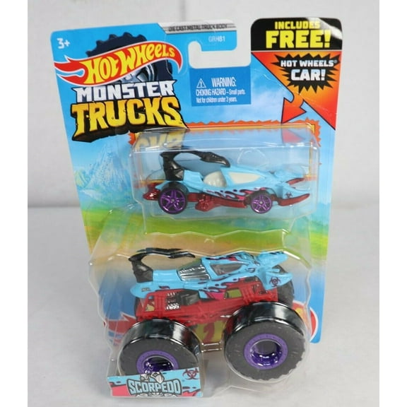 Hot Wheels Monster Trucks 2-Pack, 1 1:64 Scale Vehicle with Giant Wheels & 1 Die-Cast Car