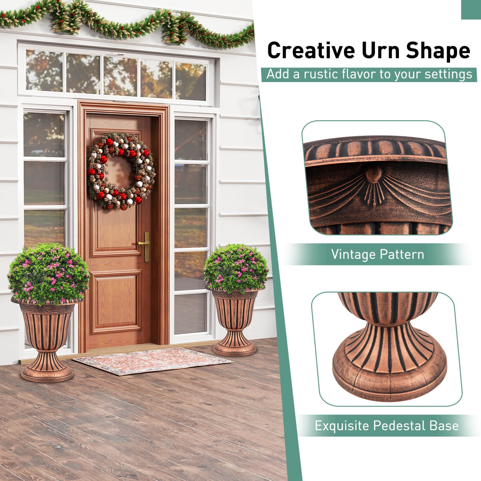 Costway 18 inch Tall Vintage Planters Set of 2 with Pedestal Base & Pre-marked Drain Hole Bronze