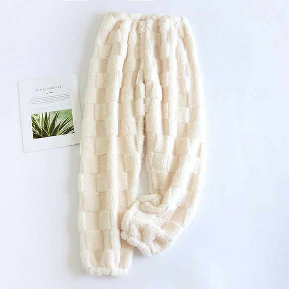 Zedker Women'S Soft Flannel Plaid Casual Solid Color Plus Fleece Straight Leg Sleepwear Pants,Comfy Warm Loungewear Elastic Waistband Trouses,Beige,L