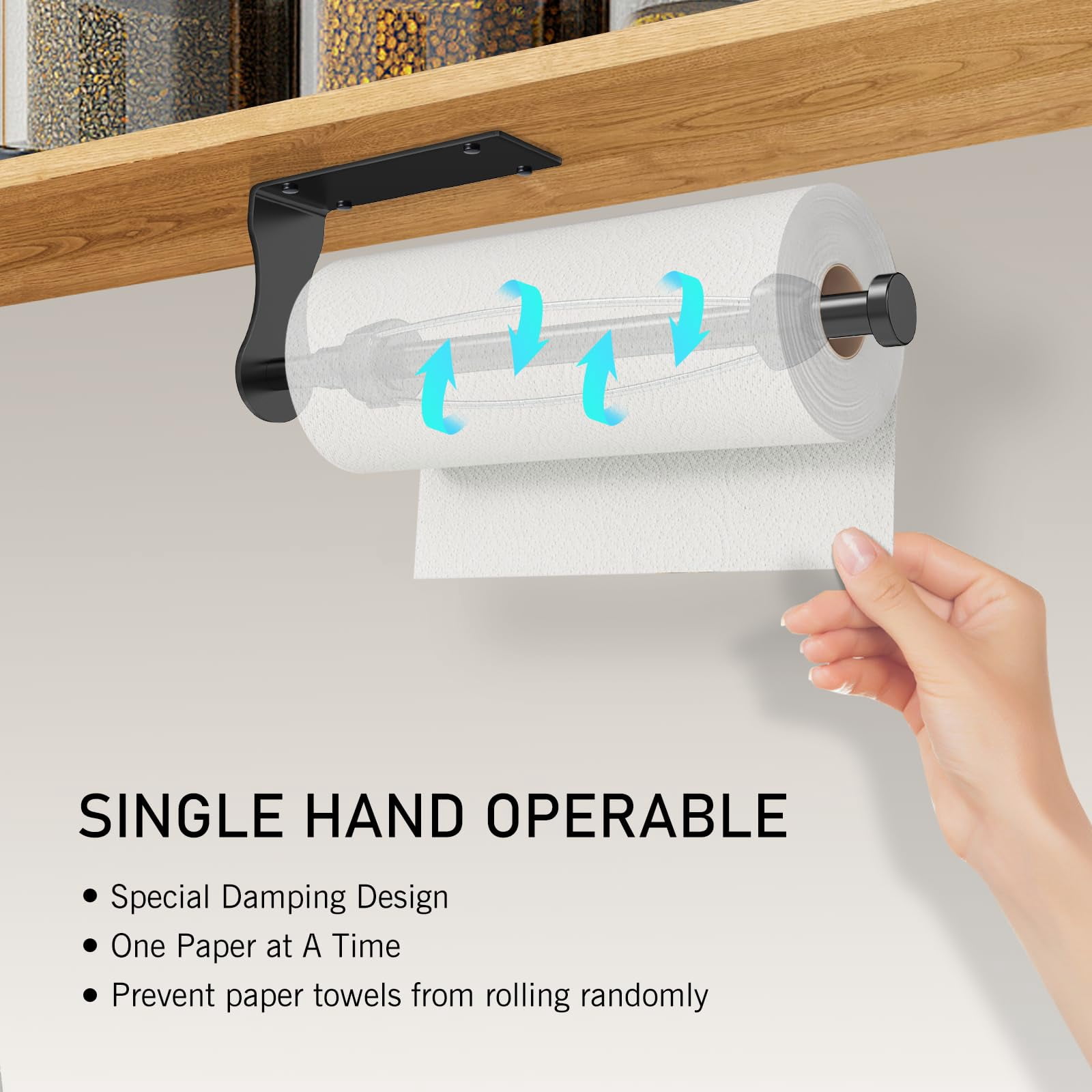 Single-Hand Paper Towel Holder Under Cabinet with Adjustable Damper, Easy Tear, Wall Mount or Self-Adhesive, Black