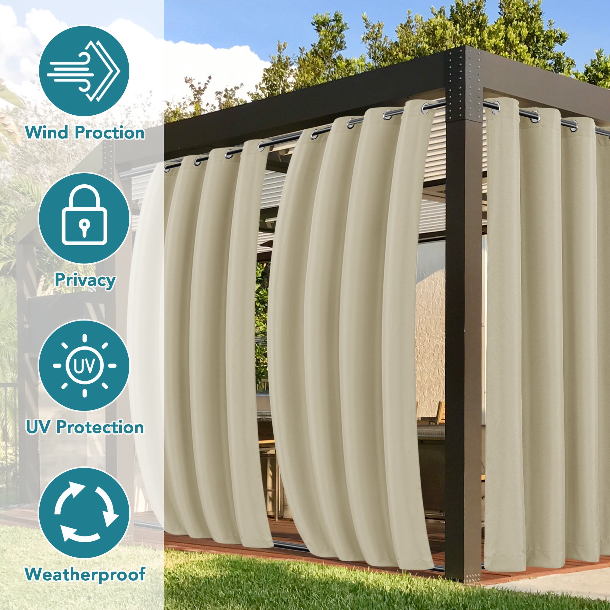 LUSHVIDA  Waterproof Outdoor Curtains for Detachable Sticky Tab Top Patio Outside，Gazebo, Porch, Pergola, Privacy Curtain, 110 x 84 inch, 1 Panels, Cream