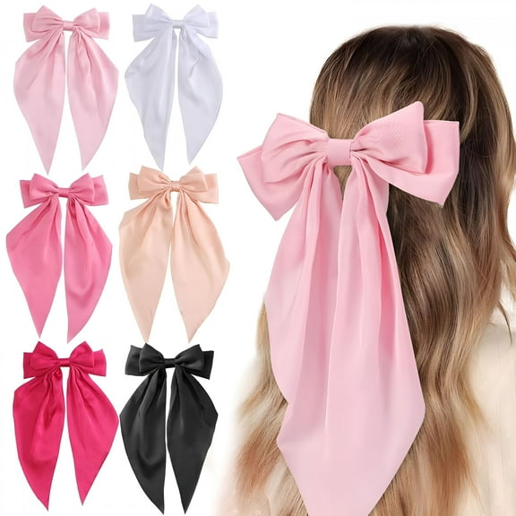 VANIDO Hair Bows for Women, 6 PCS Silky Satin Hair Clips, Large Bow Hair Barrettes, Oversized Long Tail, Pink Color, Metal Bow Hair Clips, Aesthetic Hair Accessories