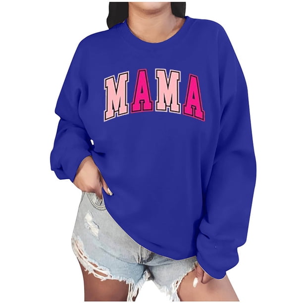 Sudadera Penkiiy Mama Mujer Glitter Patch Mama Crewneck Sudaderas Mama Print Manga Larga Moda Suelta Suéter XL Azul