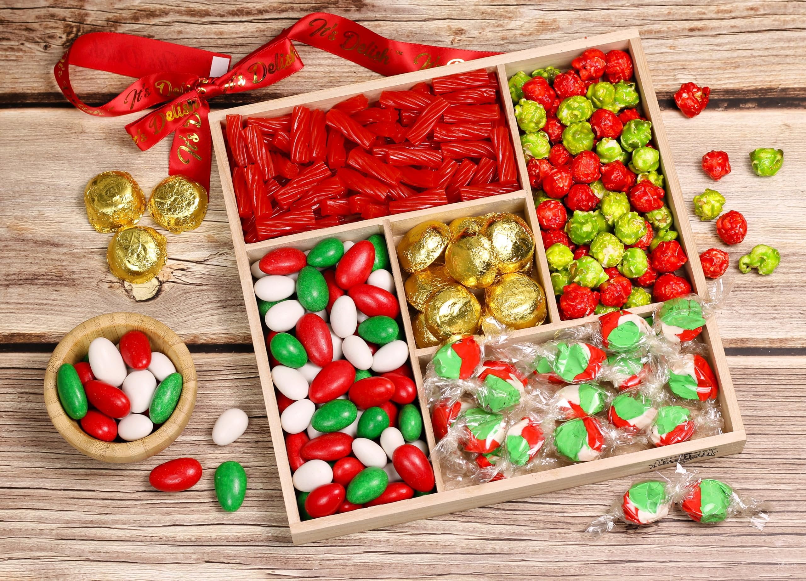Christmas Candy Gift Tray - by It's Delish  Wood Platter with Holiday Treats and Candies for Gifts and Parties  Red Green White Peppermint Taffy, Popcorn, Jordan Almonds, Chocolate Creme, Licorice