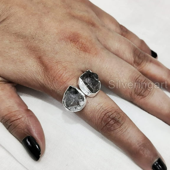 Natural Herkimer Diamond Ring, Rough Herkimer Diamond Ring, Adjustable, Double Stone, 925 Sterling Silver, Womens Ring, Christmas, Thanksgiving, Handmade, Statement Jewelry, Rough Gemstone Jewelry