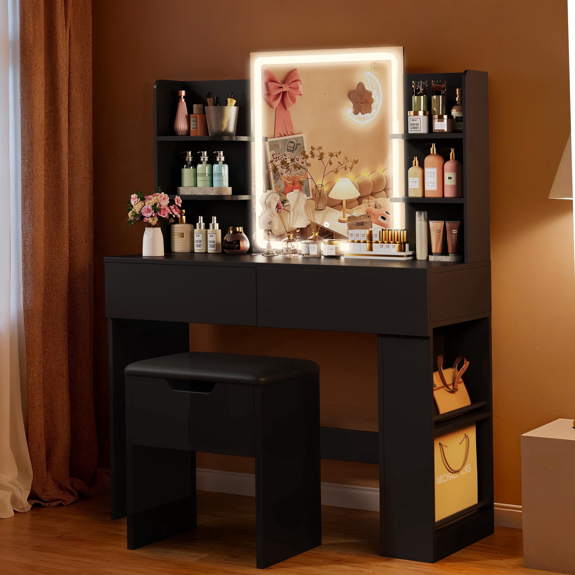 Homall Vanity Desk Set with 3 Colors LED Lighted Mirror, Makeup Vanity with Stool, Storage Shelves and Drawers, Vanity Table Dressing Table for Bedroom, Black
