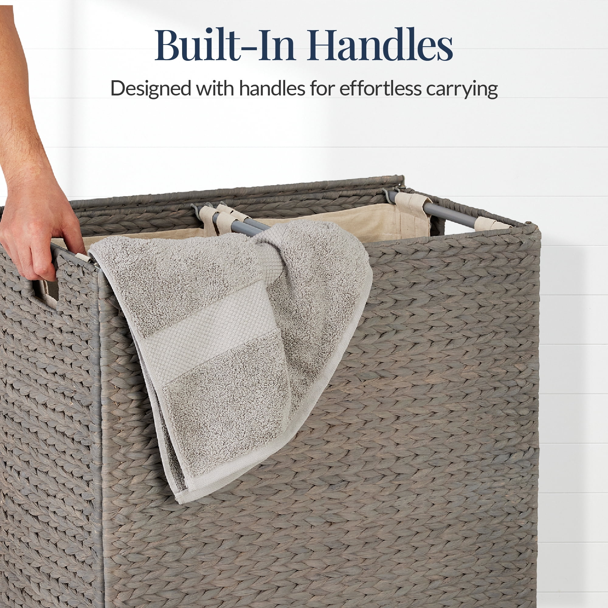 Best Choice Products Large Natural Water Hyacinth Double Laundry Hamper Basket w/ 2 Liner Bags, Handles - Gray
