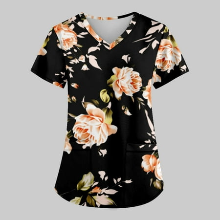 

TKing Fashion Women Plus Size Scrubs Top V-Neck Short Sleeve Animal Print Pockets Work Blouse for Women Pink M