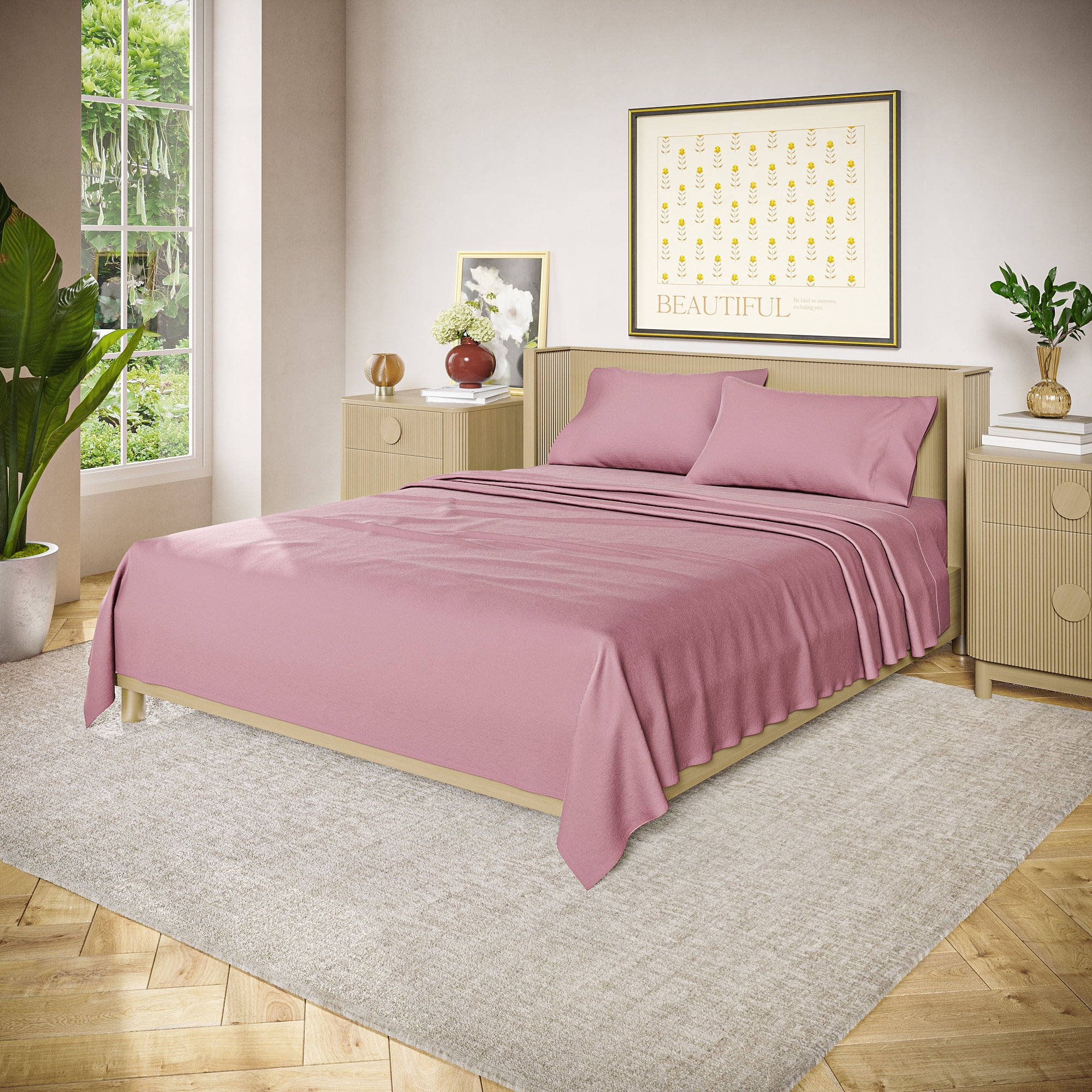 Beautiful Solid 4-Piece 100% Cotton Washed Percale Woodrose Sheet Set, Queen by Drew Barrymore