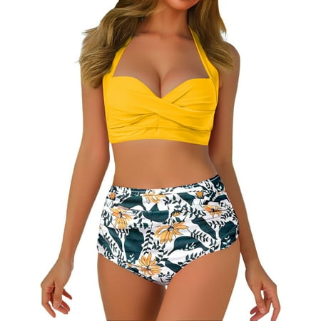 HABDGIKS Bikini Set for Women 2025 Summer High Waisted Wrap Front Halter Bra Backless Print Triangle Vintage Cut Out Swimsuit