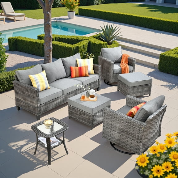 ODELIO 6‑Piece All‑Weather Wicker Patio Furniture Set, Outdoor Conversation Set with 360° Swivel Chairs, Ottomans & Side Table, Dark Gray Cushions for Backyard Porch Garden