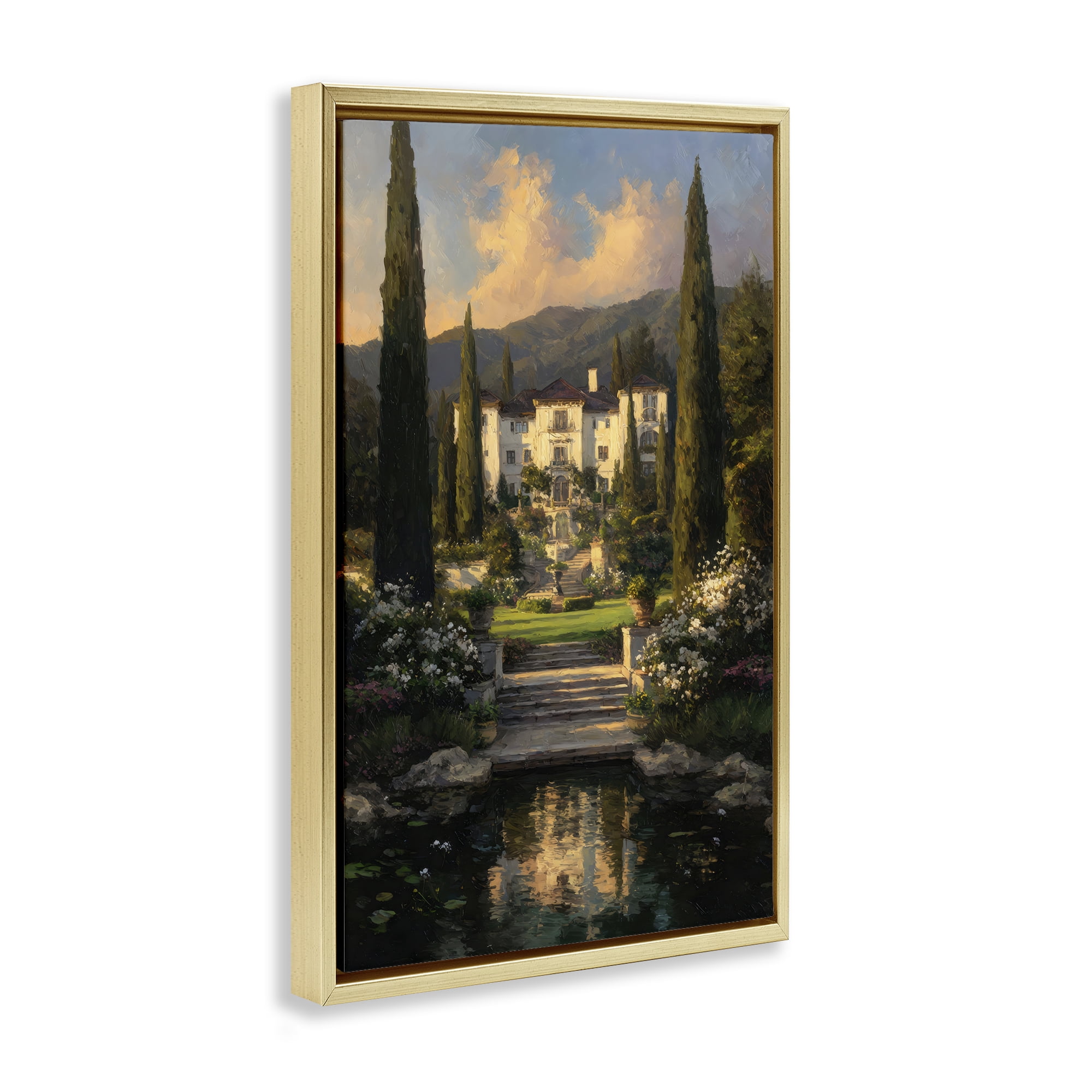 Stupell Industries Victorian Mansion at Sunset Gold Framed Floater Canvas Wall Art, design by Petal Prints Design