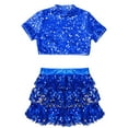 thumbnail image 3 of TTAO 2 Piece Dance Outfits Set Kids Girls Short Sleeve Crop Top with Tiered Skirt Jazz Ballroom Dancewear Blue 12, 3 of 5