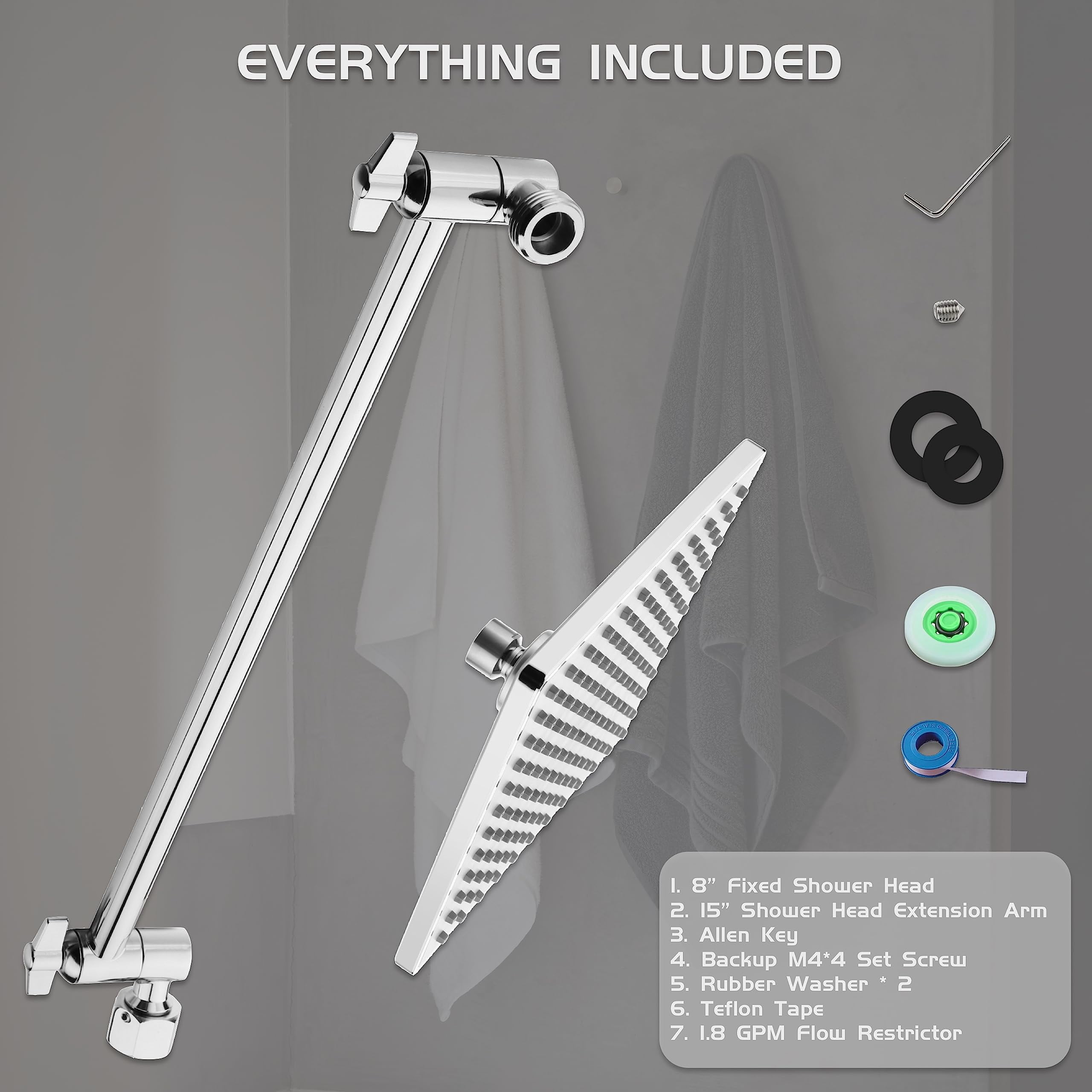 Rain Shower Head  8'' High Rainfall Square Showerhead With 15'' Extension Arm Brass Adjustable Extender Waterfall Fixed Showerheads Chrome