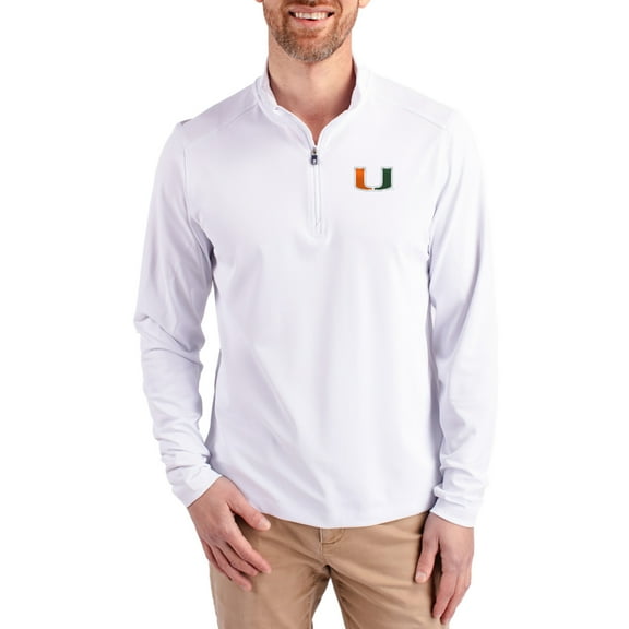 Men's-Cutter & Buck White Miami Hurricanes Virtue DryTec Quarter-Zip Pullover