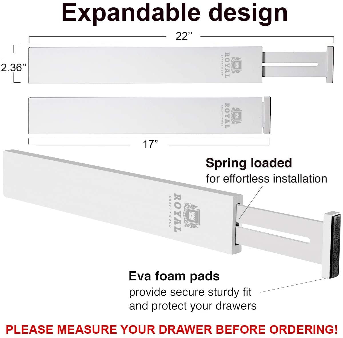 Adjustable Bamboo Drawer Dividers Organizers - Expandable Drawer Organization Separators For Kitchen, Dresser, Bedroom, Bathroom and Office, 4-Pack (17-22 IN, White)
