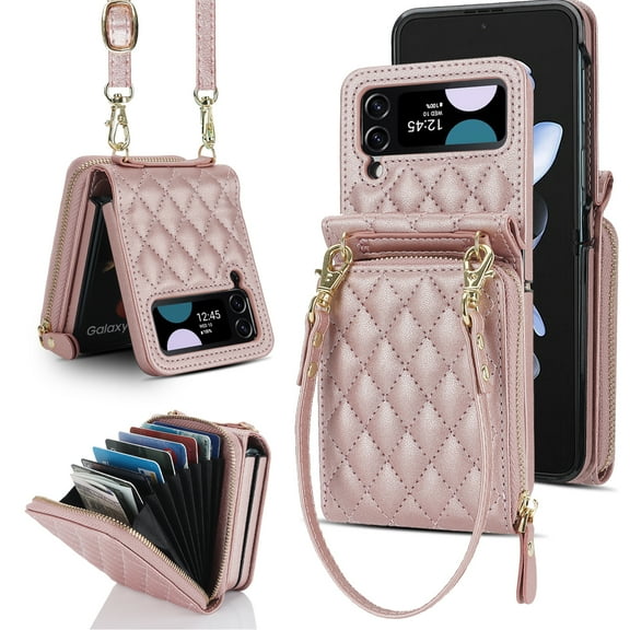 for Samsung Galaxy Z Flip 3 Crossbody Wallet Case with Card Holder 8-Card Slots Wallet Case with Adjustable Strap Soft PU Leather Protective Zipper Phone Case for Women Girls,Rosegold
