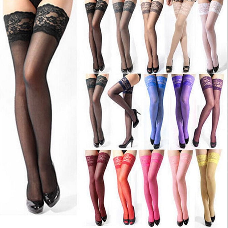 Women Lace Thigh High Top Pull Up Socks Ladies Nonslip Pantyhose
