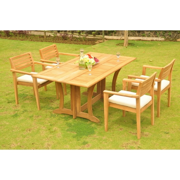Teak Dining Set: 4 Seater 5 Pc: 69" Warwick Console Folding Dining Rectangle Table And 4 Montana Stacking Arm/Captain Chairs Outdoor Patio Grade-A Teak Wood WholesaleTeak #WMDSMTn