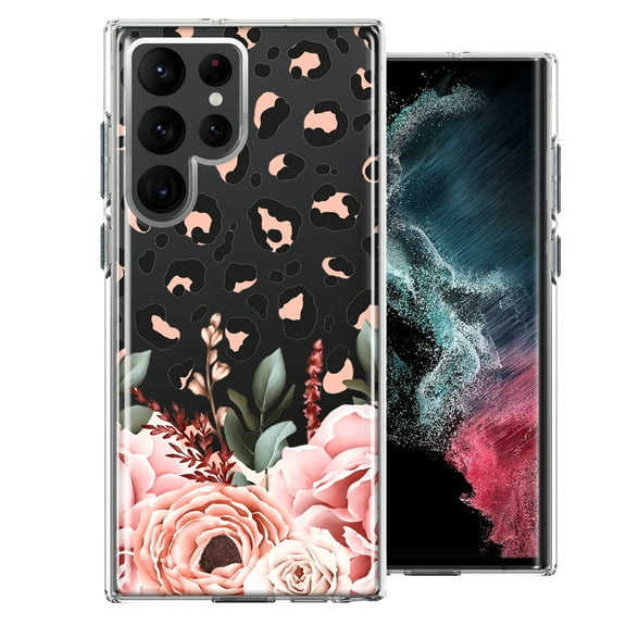MUNDAZE Case For Samsung Galaxy S22 Ultra Classy Blush Peach Peony Rose Flowers Leopard Phone Cover
