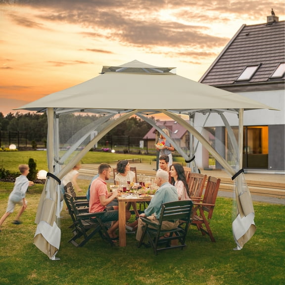 Dextrus Patio Gazebo 11x11ft Double Roof Pop Up Gazebo, Outdoor Portable Canopy Instant Tent with Netting for Lawn, Garden, Backyard and Deck, Beige