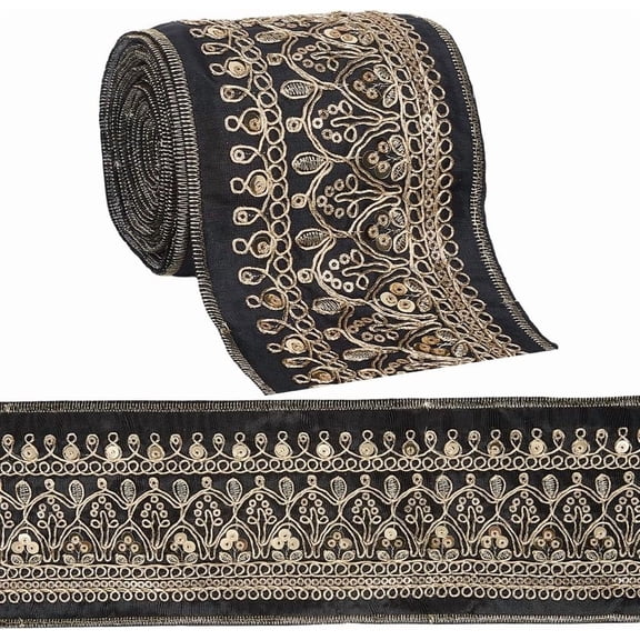 3.46 Inch Wide Black Floral Embroidered Ribbon Gold Sequin Bead Jacquard Fabric Applique Ribbons Polyester Boho Embroidery Woven Trim Tape for Sewing Making Crafts Clothes Bags Embellishment